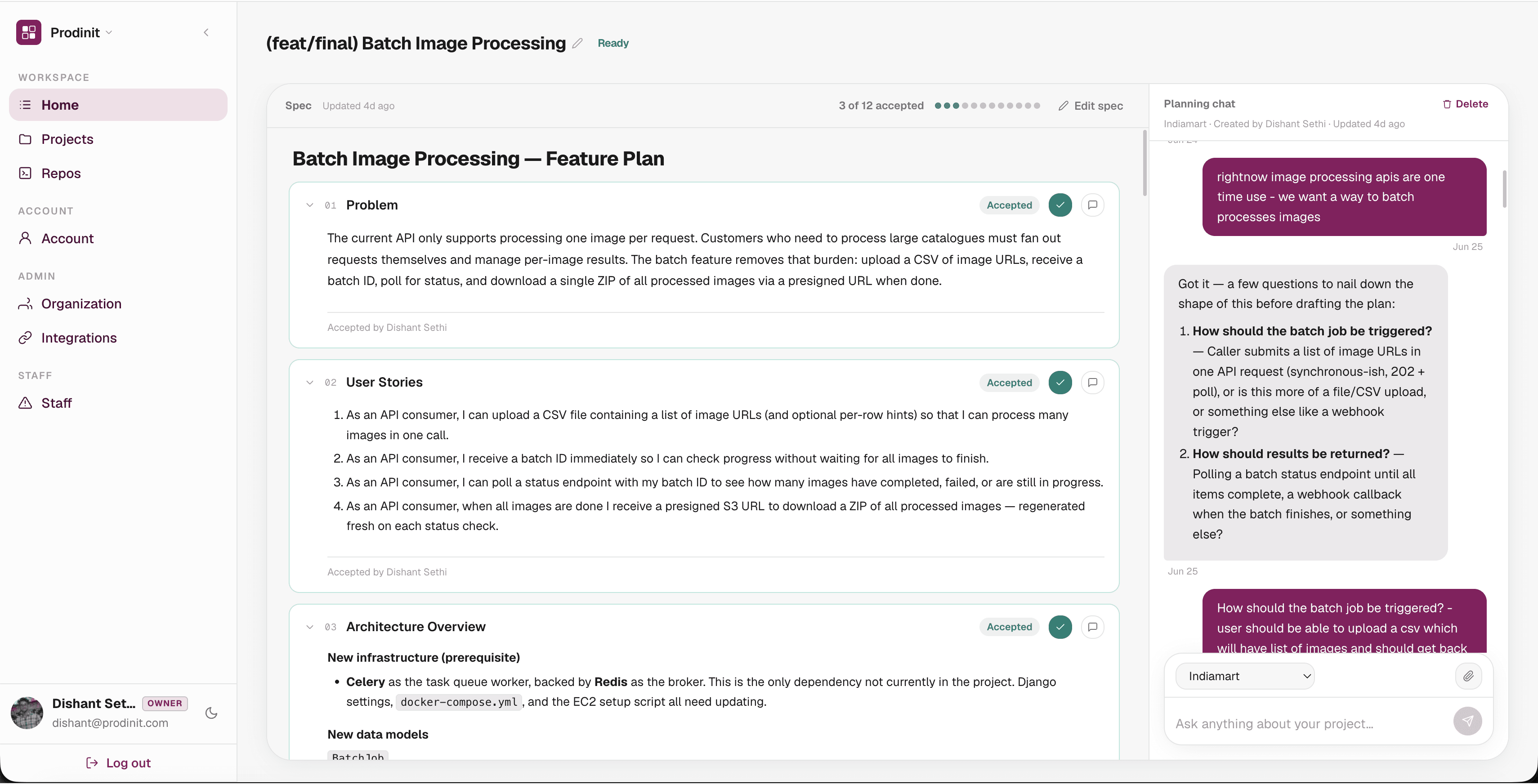 The Enact app showing a feature plan with numbered sections. Problem and User Stories are marked Accepted with green checks, a counter reads 3 of 12 accepted, and a planning chat runs alongside.