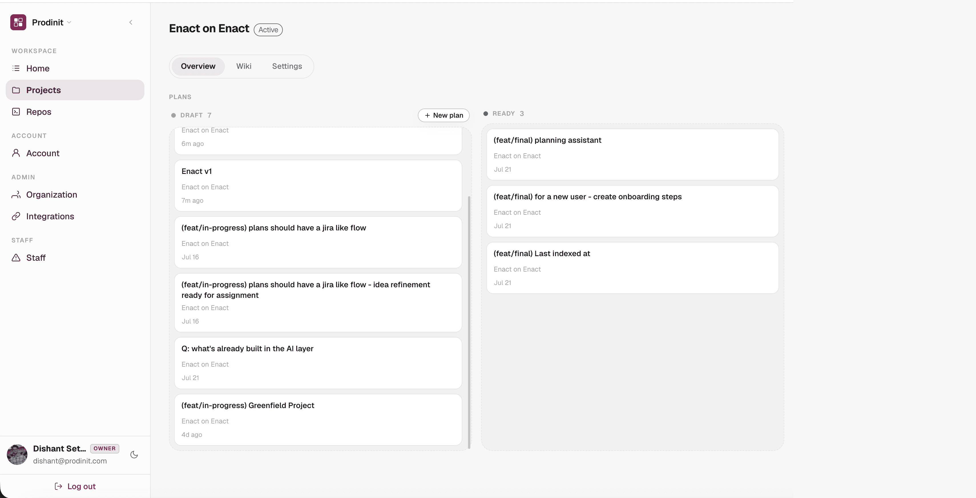 An Enact project board showing plans in Draft and Ready columns.